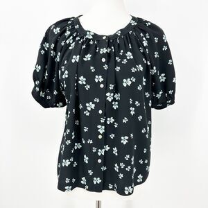 Karen Kane Womens Blouse XS Black Floral Button Down Cottagecore Vtg-Inspired